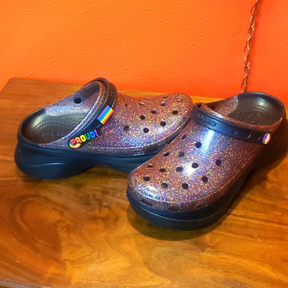 Pride Bae Translucent Glitter Crocs Size 10